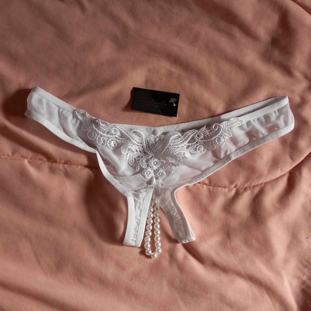 NWT white lace & sheer open-crotch thong with pearls by Frederick's of Hollywood
